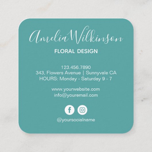 ランエレガントク&ホワイトフローラデリケートティール（緑がかった色） スクエア名刺 (裏面)