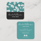 ランエレガントク&ホワイトフローラデリケートティール（緑がかった色） スクエア名刺 (正面/裏面)