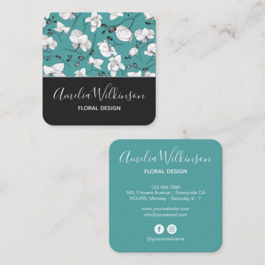 ランエレガントク&ホワイトフローラデリケートティール（緑がかった色） スクエア名刺 (正面/裏面)