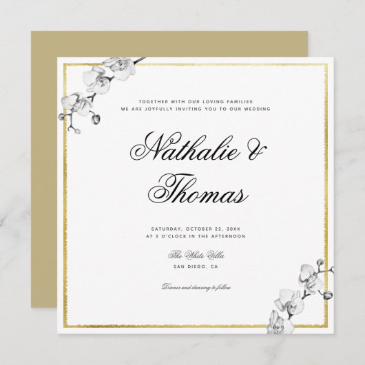 ランエレガントス白黒金ゴールドフレ結婚ーム 招待状 (正面/裏面)