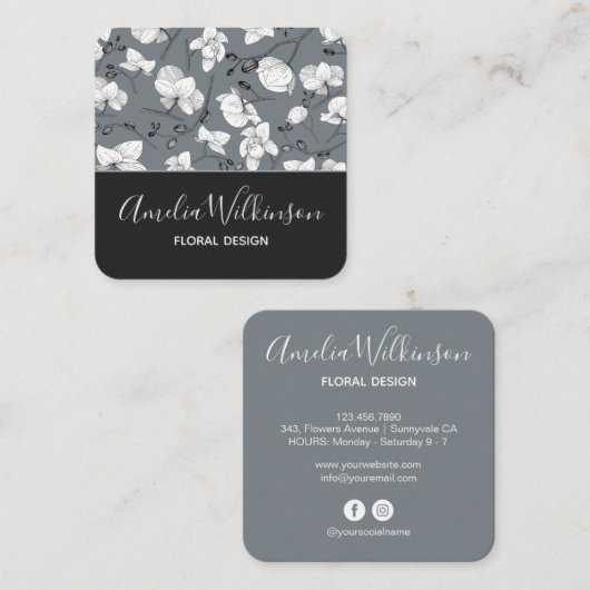 ランエレガントド黒と白のフローラ繊細な灰色 スクエア名刺 (正面/裏面)