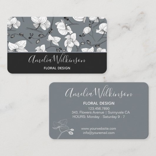 ランエレガントド黒と白のフローラ繊細な灰色 名刺 (正面/裏面)