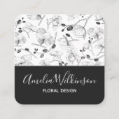 ランエレガントブラック&ホワイトフローラ繊細なシック スクエア名刺 (正面)