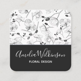 ランエレガントブラック&ホワイトフローラ繊細なシック スクエア名刺