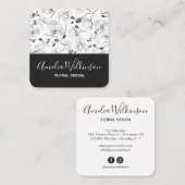 ランエレガントブラック&ホワイトフローラ繊細なシック スクエア名刺 (正面/裏面)