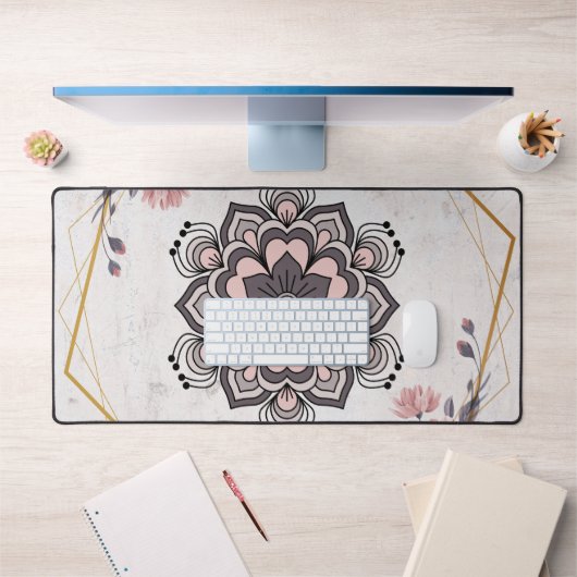 ランゴリフローラアートピンクとグレー落ち着き調和 デスクマット (オフィス1)