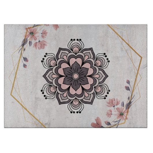 ランゴリフローラアートピンクアンドグレーマンダラデザイン カッティングボード (正面)