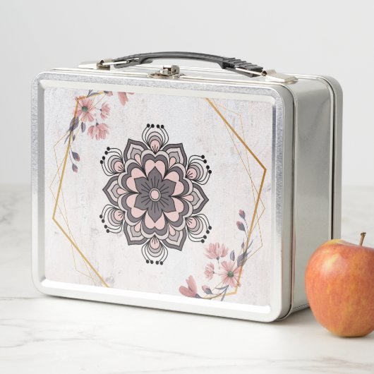 ランゴリフローラアート、ピンクとグレーのマンダラパターン メタルランチボックス (インサイチュ)