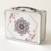ランゴリフローラアート、ピンクとグレーのマンダラパターン メタルランチボックス (正面)