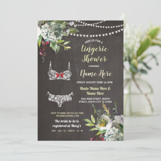 ランジェリーのシャワーのかわいらしい花の花嫁のチョークの招待 招待状 (スタンド正面)