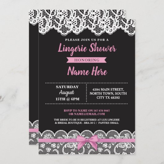 ランジェリーのシャワーのピンクの黒のレースの弓招待状 招待状 (正面/裏面)