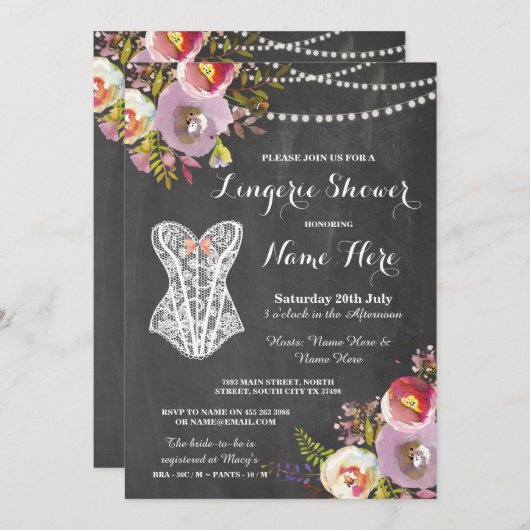ランジェリーのシャワーのブライダルパーティのチョークの花の招待 招待状 (正面/裏面)