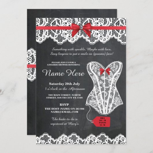 ランジェリーのシャワーのブライダルパーティのチョークの赤いレースの招待 招待状 (正面/裏面)