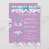 ランジェリーのシャワーのブライダルパーティのレースのピンクの弓招待 招待状 (正面/裏面)