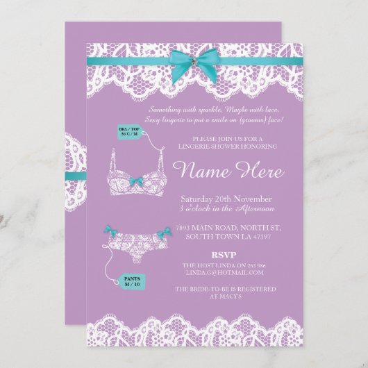 ランジェリーのシャワーのブライダルパーティのレースのピンクの弓招待 招待状 (正面/裏面)