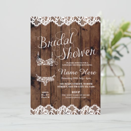 ランジェリーのシャワーのブライダルパーティの木製の弓レースの招待 招待状 (スタンド正面)