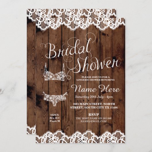 ランジェリーのシャワーのブライダルパーティの木製の弓レースの招待 招待状 (正面/裏面)