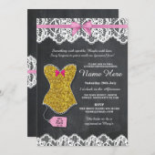 ランジェリーのシャワーのブライダルパーティの金ゴールドのピンクのレースの招待 招待状 (正面/裏面)