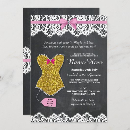 ランジェリーのシャワーのブライダルパーティの金ゴールドのピンクのレースの招待 招待状 (正面/裏面)