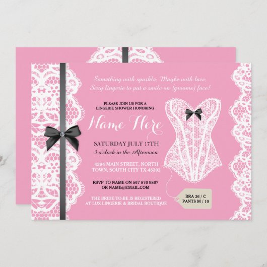 ランジェリーのシャワーの招待のピンク及び黒いブライダルパーティ 招待状 (正面/裏面)