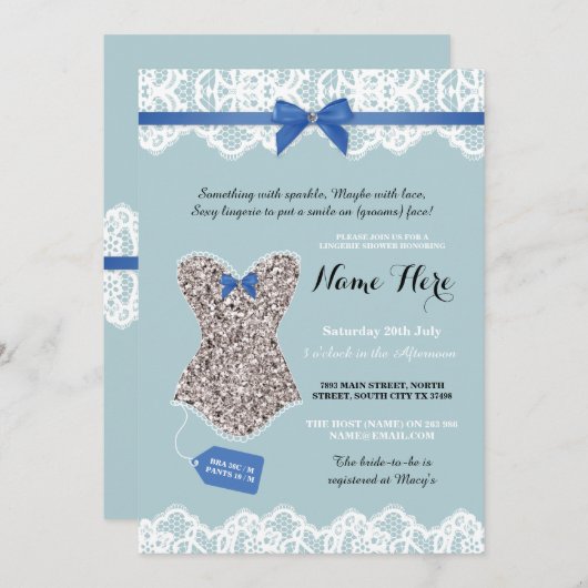 ランジェリーのシャワーの花嫁の銀製の青いグリッターの招待 招待状 (正面/裏面)