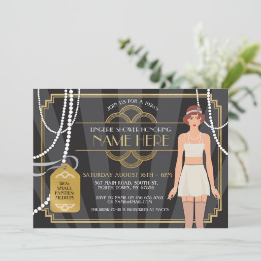 ランジェリーのシャワーの20年代の花嫁の真珠のブルネットの招待 招待状 (スタンド正面)