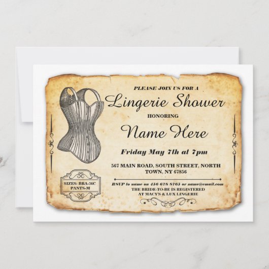 ランジェリーのブライダルシャワーのパーティーのヴィンテージのコルセットの招待 招待状 (正面)