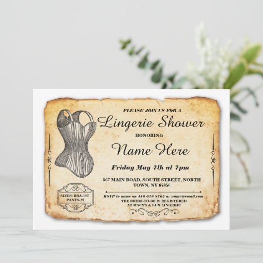 ランジェリーのブライダルシャワーのパーティーのヴィンテージのコルセットの招待 招待状 (スタンド正面)