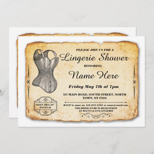 ランジェリーのブライダルシャワーのパーティーのヴィンテージのコルセットの招待 招待状 (正面/裏面)