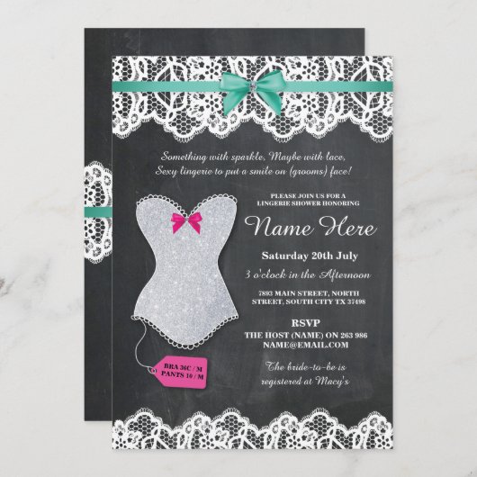 ランジェリーシャワーシルバーグリッターコルセットミント招待状 招待状 (正面/裏面)