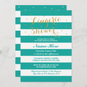 ランジェリーシャワーストライプティール（緑がかった色）金ゴールドパーティー招待状 招待状 (正面/裏面)