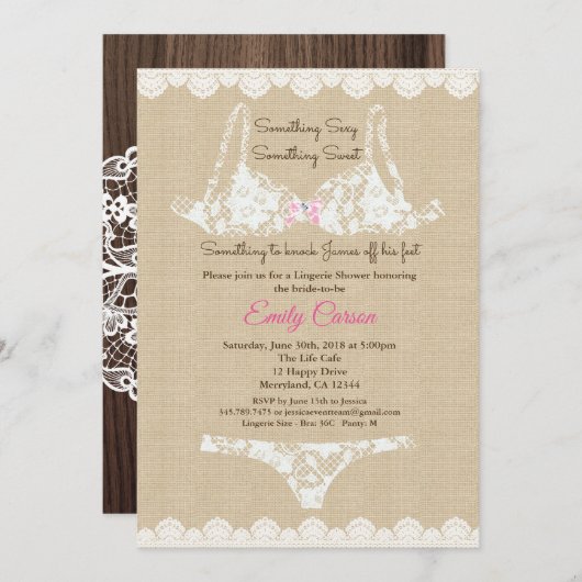 ランジェリーシャワーバーラップレースの招待、ラスティックウッド 招待状 (正面/裏面)