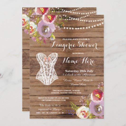 ランジェリーシャワーブライダルパーティウッドフローラ招待状 招待状 (正面/裏面)