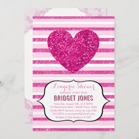 ランジェリーシャワーブライダルパーティピンクグリッターハート 招待状 (正面/裏面)
