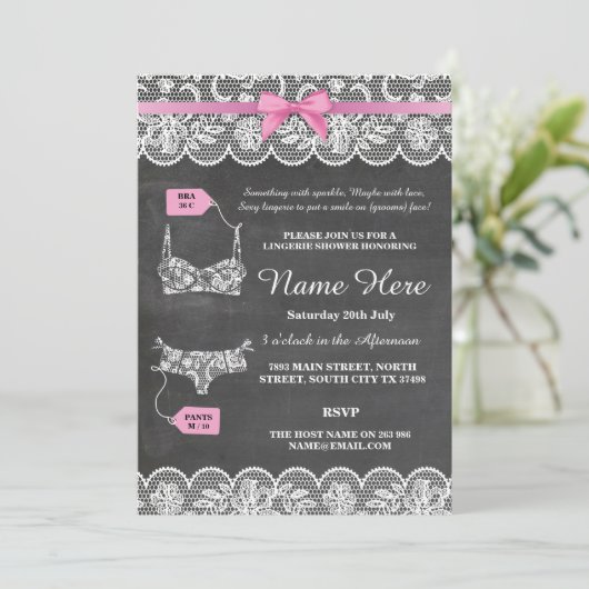 ランジェリーシャワーブライダルパーティピンクボウレース招待状 招待状 (スタンド正面)
