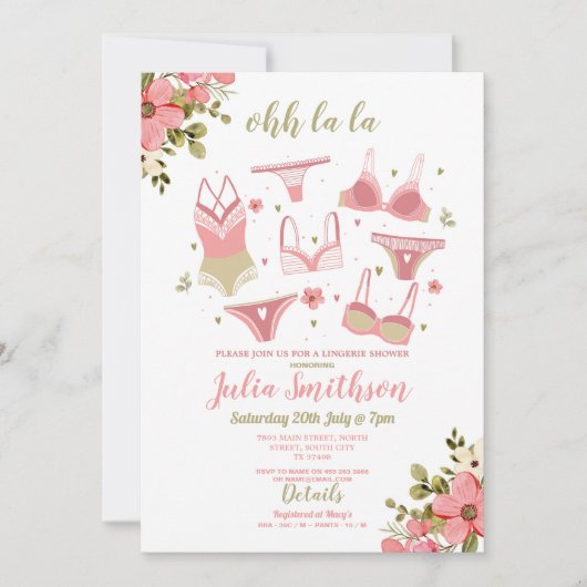 ランジェリーシャワーブライダルパーティフローラフェミニンピンク 招待状 (正面)