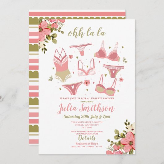 ランジェリーシャワーブライダルパーティフローラフェミニンピンク 招待状 (正面/裏面)