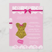 ランジェリーシャワーブライダルパーティ金ゴールドピンクコルセット 招待状 (正面/裏面)