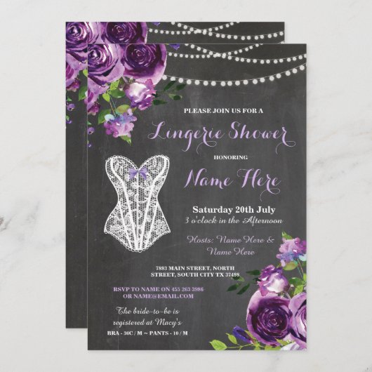 ランジェリーシャワーブライダルパープルチョークフローラ招待状 招待状 (正面/裏面)