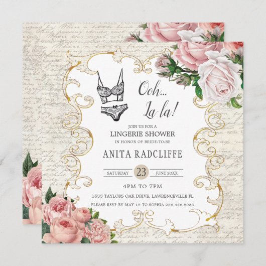 ランジェリーシャワーヴィンテージフランスのバラアンティークフレーム 招待状 (正面/裏面)