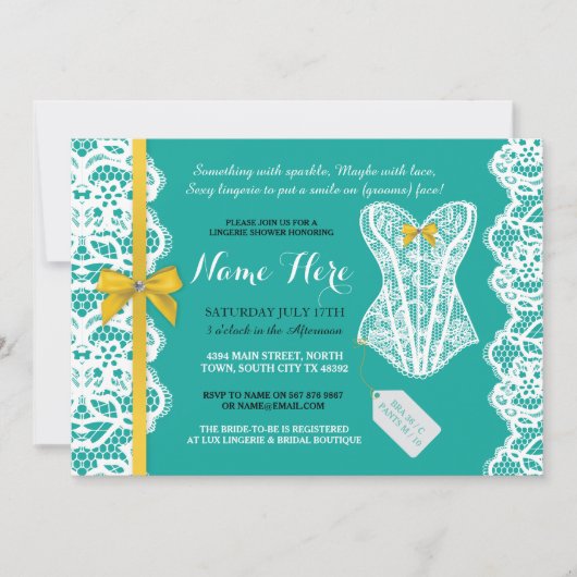 ランジェリーシャワー招待状ティール（緑がかった色）金ゴールドブライダルパーティレース 招待状 (正面)