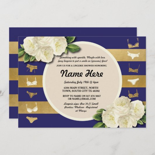 ランジェリーシャワー招待状ネイビーストライプブライダルパーティ 招待状 (正面/裏面)