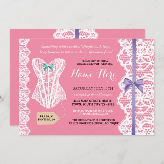 ランジェリーシャワー招待状ピンクブライダルパーティレース 招待状 (正面/裏面)