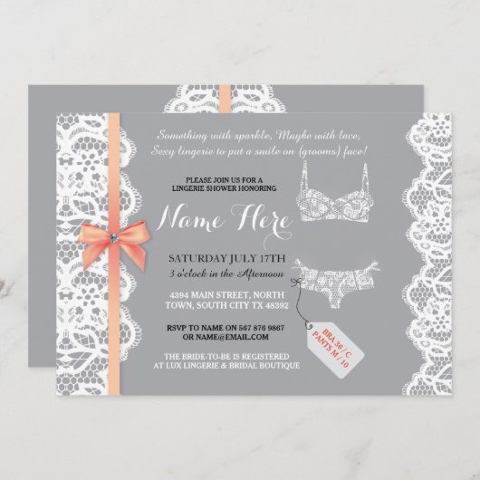 ランジェリーシャワー招待状ピーチブライダルパーティレース 招待状 (正面/裏面)