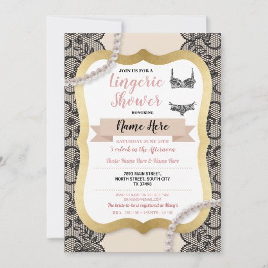 ランジェリーシャワー金ゴールドクリームレースブラパール 招待状 (正面)
