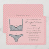 ランジェリーシャワー ピンクのストライプのグレーの招待状 招待状 (正面/裏面)