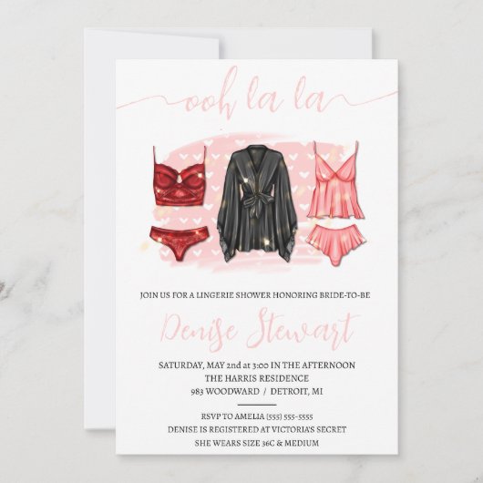 ランジェリーシャワー，黒，ピンク，赤，ブライダルシャワー 招待状 (正面)