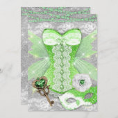 ランジェリーパーティーグリーン鍵コルセットマスクシルバー 招待状 (正面/裏面)