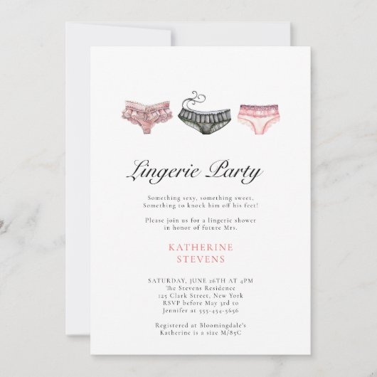 ランジェリーパーティーピンクブラックウォーターブライダルシャワー 招待状 (正面)