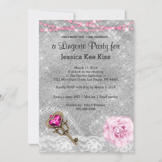 ランジェリーパーティーピンク鍵コレットマスクシルバー 招待状 (裏面)